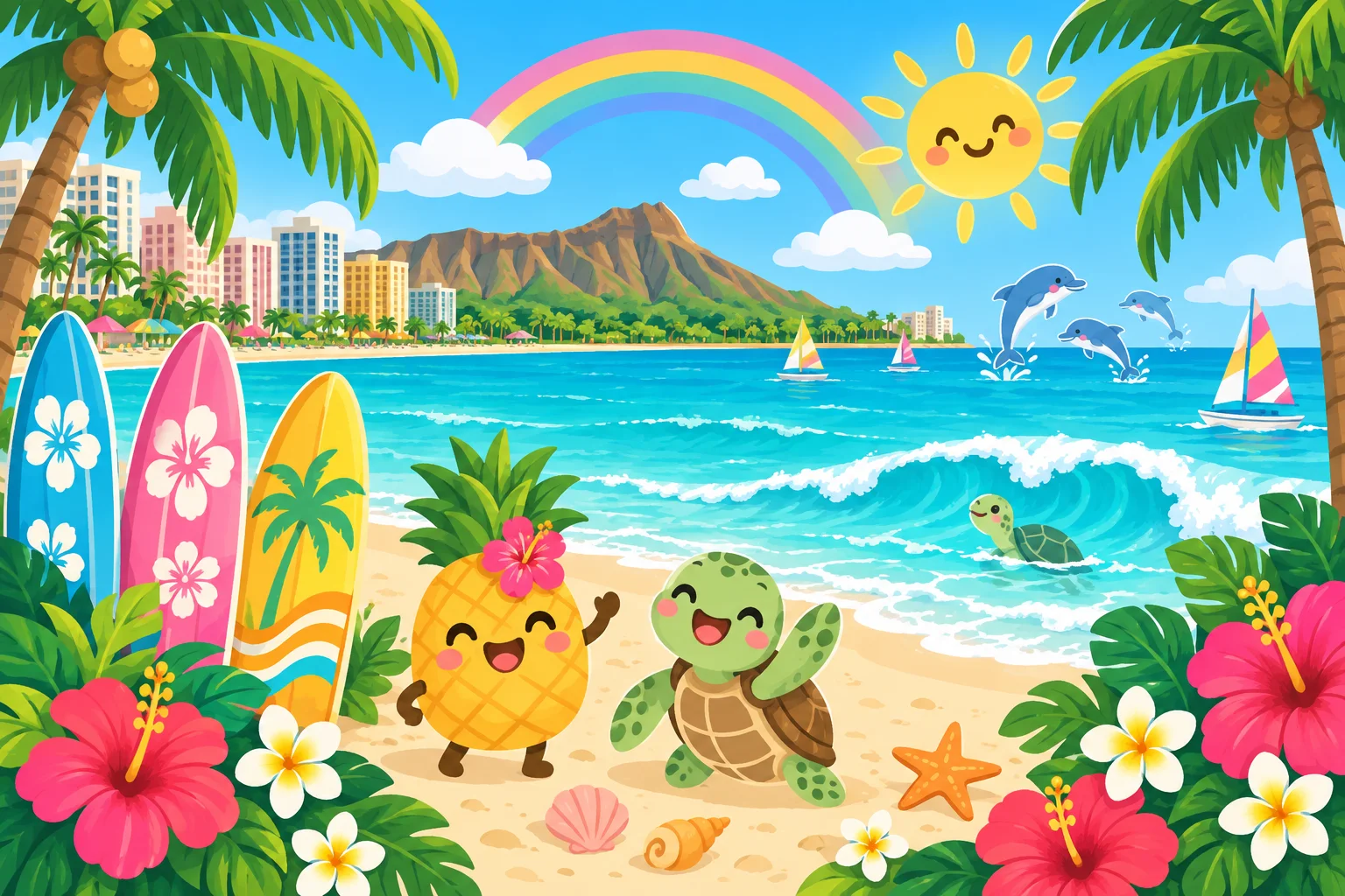 ワイキキビーチとダイヤモンドヘッドのにぎやかなイラスト