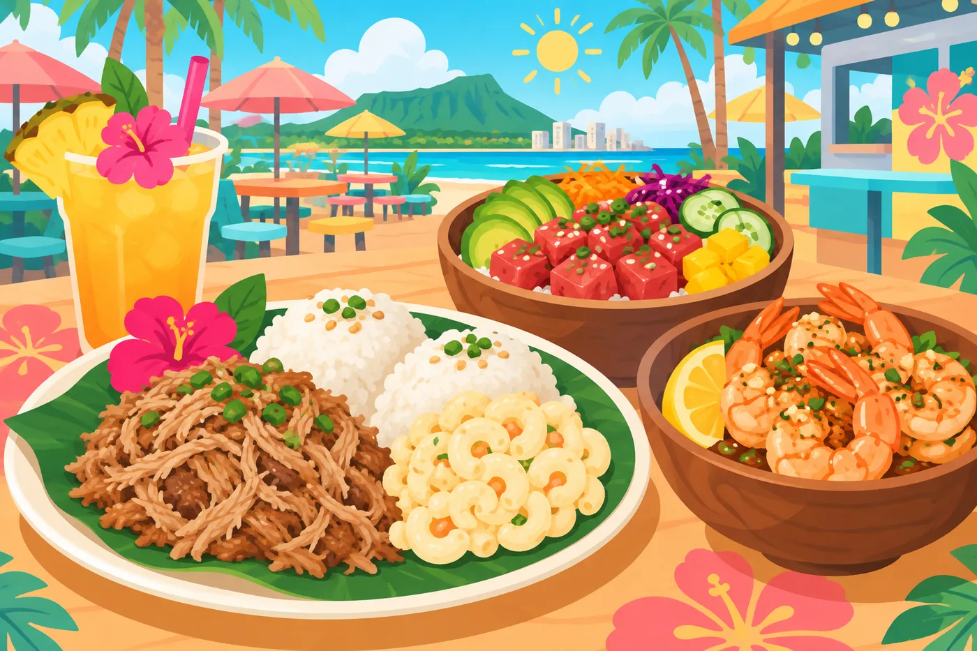 プレートランチとガーリックシュリンプとポケ丼のイラスト