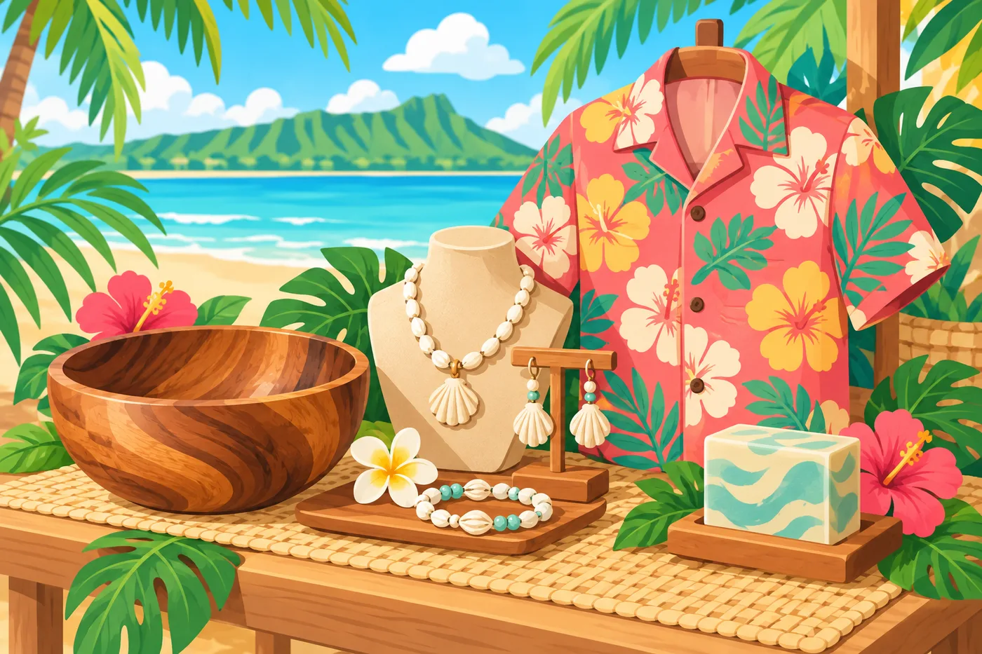 コア材の器や貝のアクセサリー、アロハシャツ、石けんなどハワイの手作りの品が並ぶイラスト