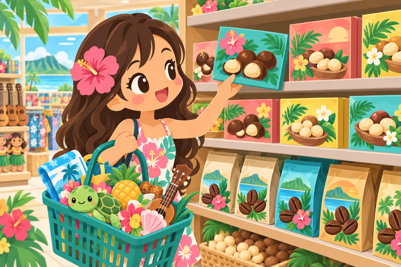 お店の棚でマカダミアナッツチョコやコーヒーを選ぶ旅行者のイラスト