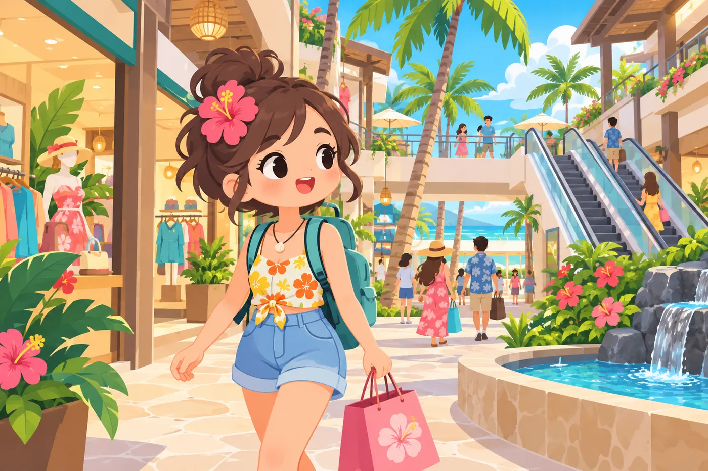 買い物袋を持ってアラモアナセンターを歩く旅行者のイラスト