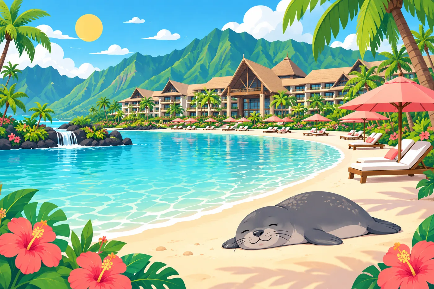 a calm man-made lagoon with soft white sand, beach umbrellas and lounge chairs in front of a large resort building with Hawaiian-style roofs, green mountains in the background, a monk seal resting on the sand