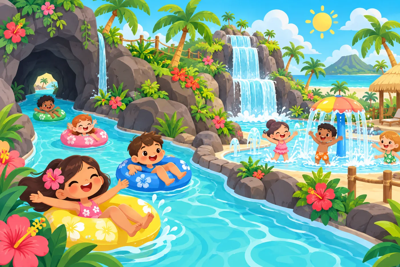a winding lazy river with colorful inner tubes flowing past rocky caves and tropical plants, a small hill with a waterfall, kids splashing in a shallow play pool nearby, bright sunny day