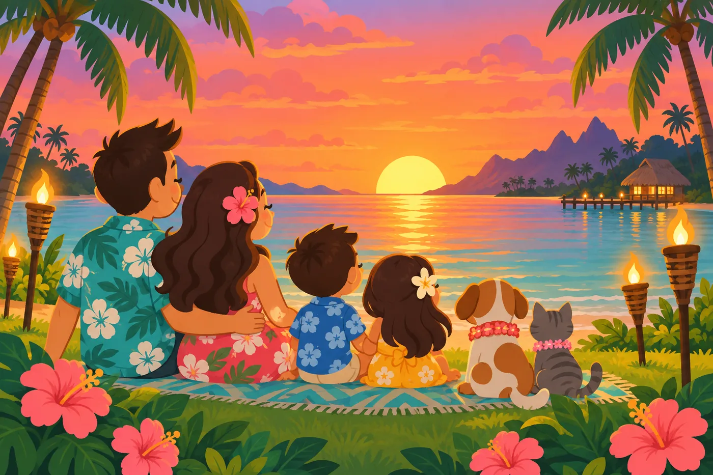 a family watching the sunset from a beachside lawn with torches glowing, a calm lagoon and palm tree silhouettes against an orange and pink sky