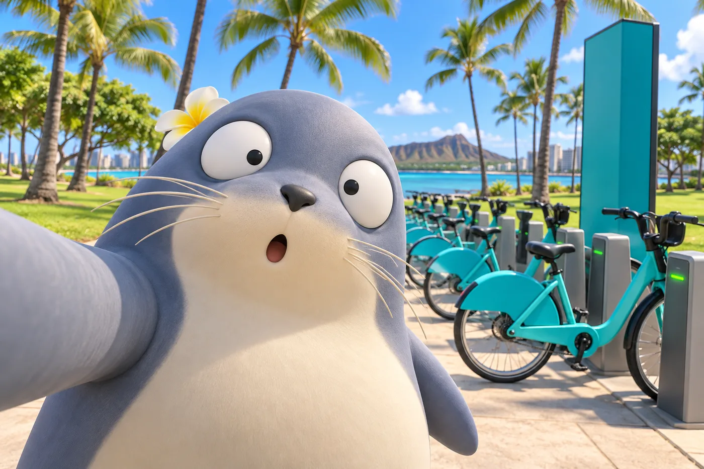 ターコイズ色の自転車が並ぶステーションの前で自撮りするもんちゅ