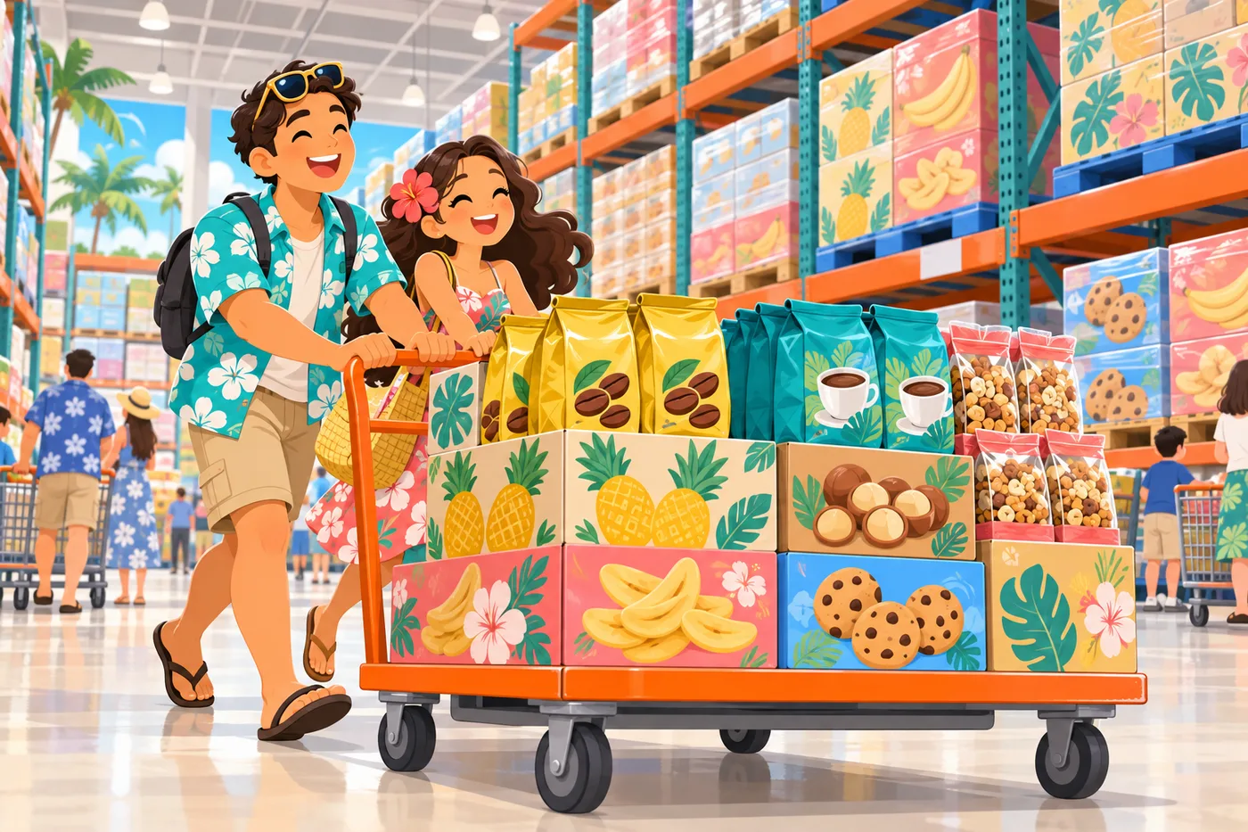 大きな倉庫店で、お菓子やコーヒーを積んだカートを押す旅行者のイラスト