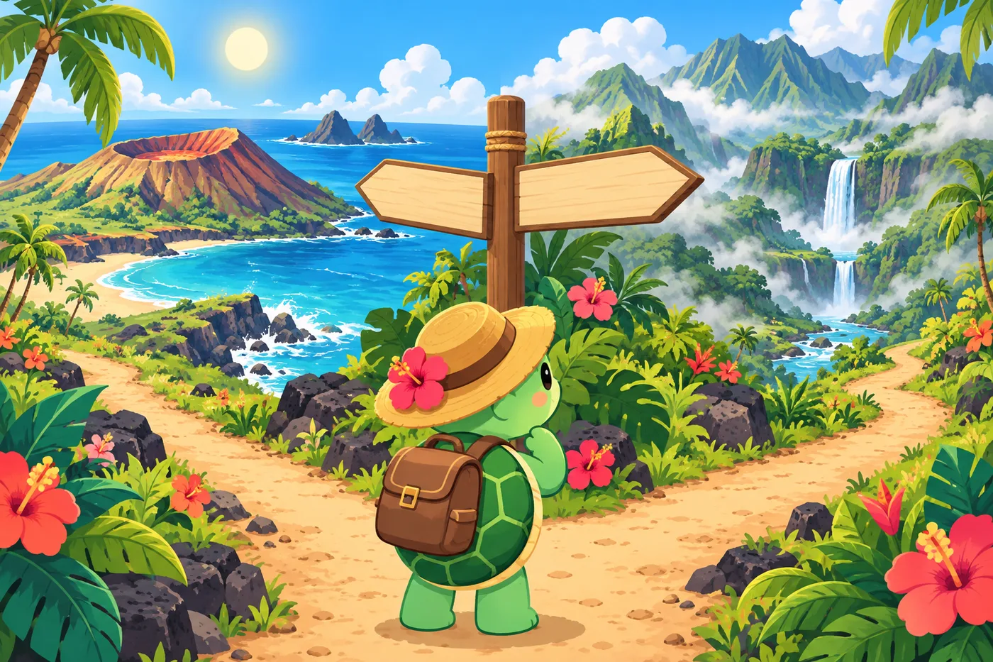海辺の火山と滝のある渓谷への分かれ道で、行き先を考えるウミガメのイラスト