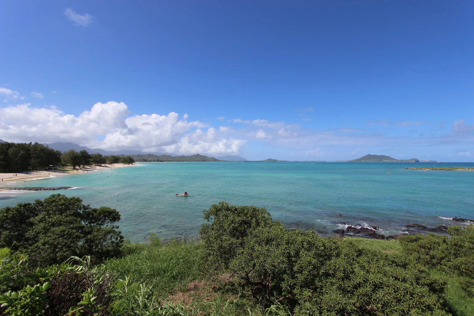 緑の茂みの先に広がるエメラルドグリーンの湾と白い砂浜。遠くに島と山並みが見える