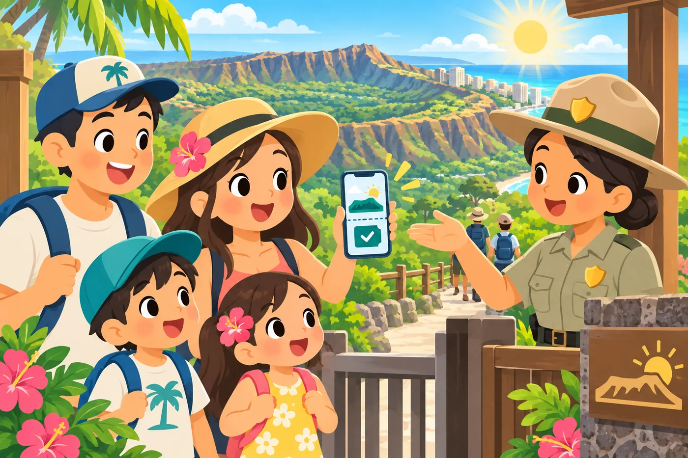 ダイヤモンドヘッドの入口でスマホの予約画面を見せる家族のイラスト