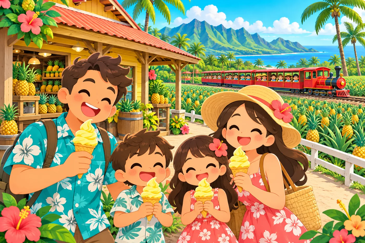 パイナップル畑の前でソフトクリームを食べる家族のイラスト