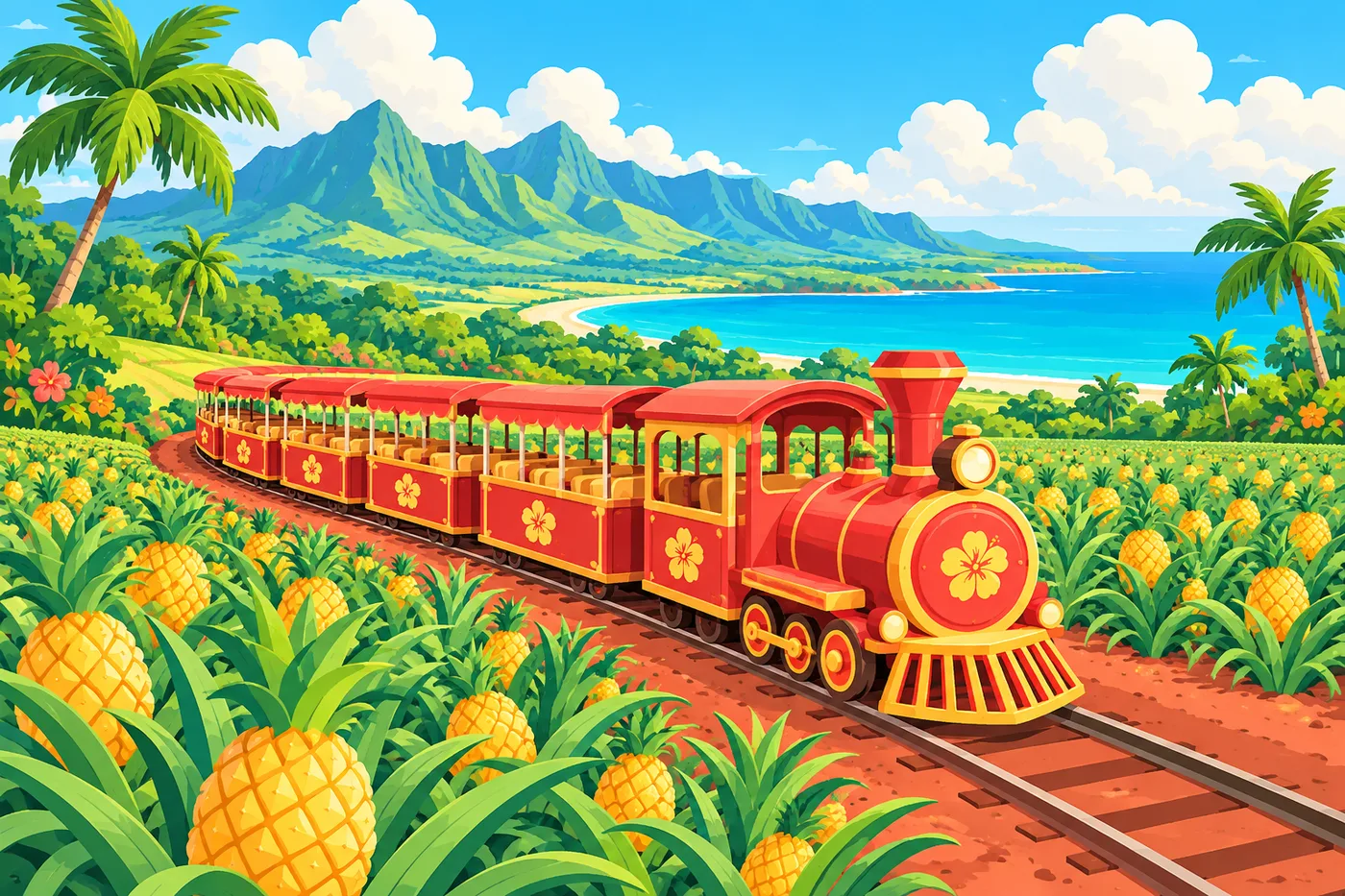 パイナップル畑の中を走る赤い観光列車のイラスト