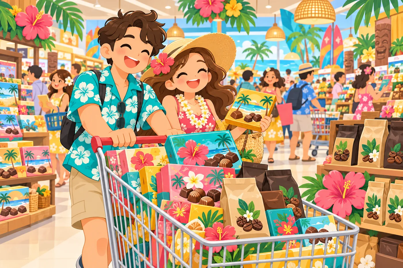 お土産でいっぱいのカートを押して買い物する旅行者のイラスト