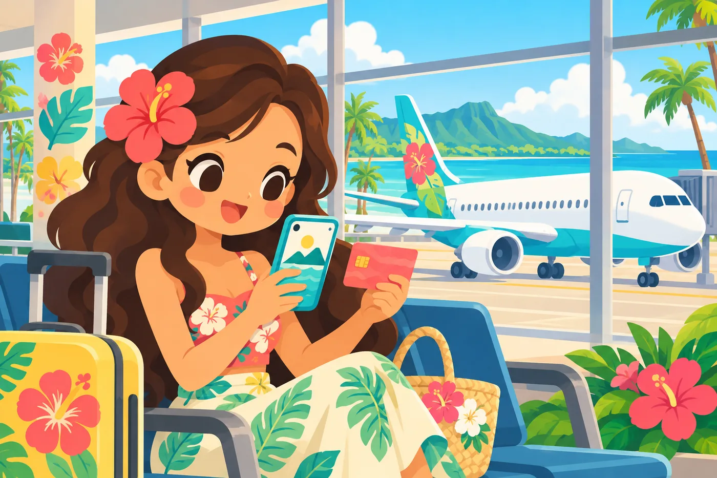 出発ゲートでカードとスマホを確認する旅行者のイラスト