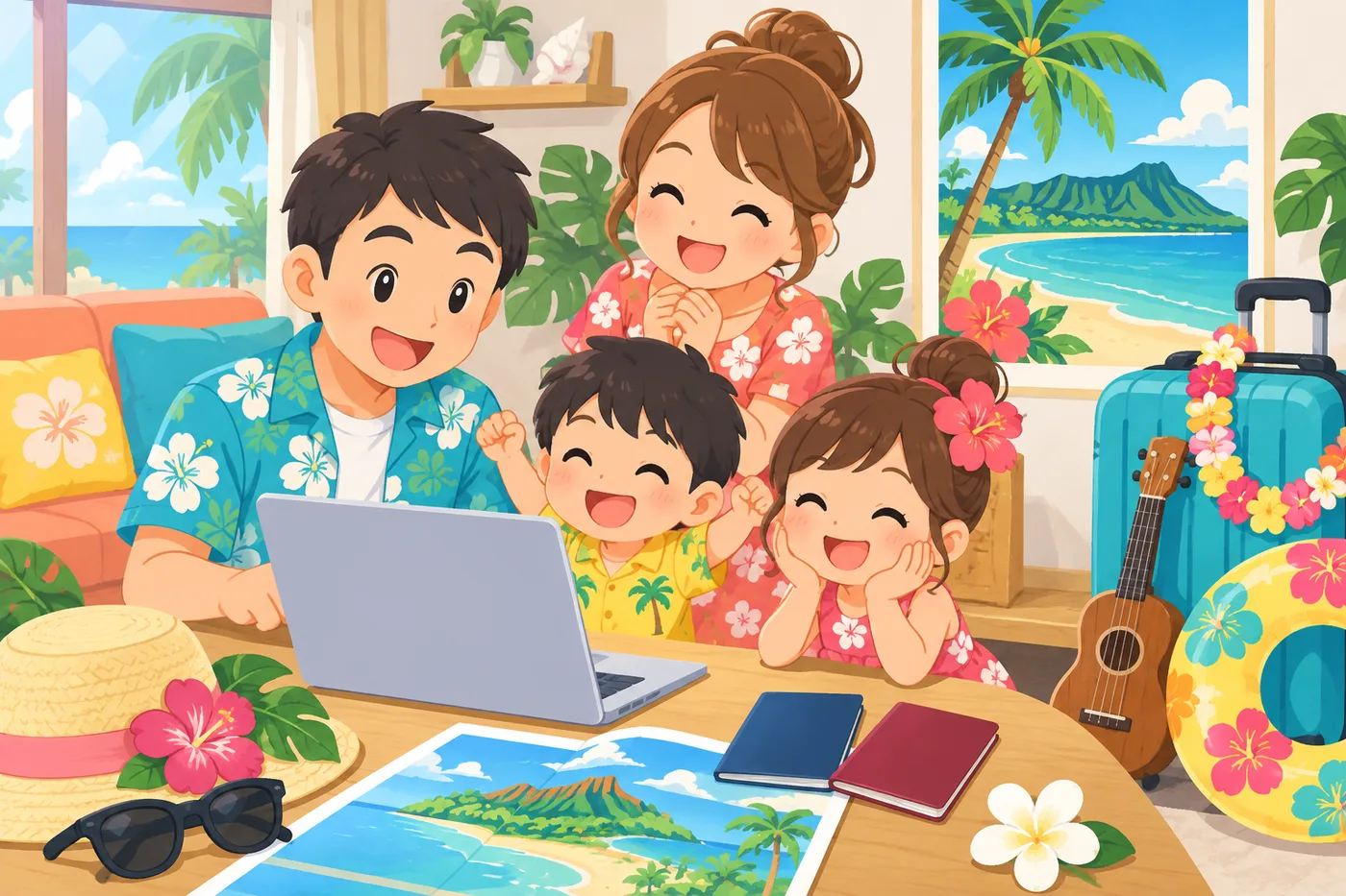 ハワイ旅行の準備でパソコンからESTAを申請する家族のイラスト