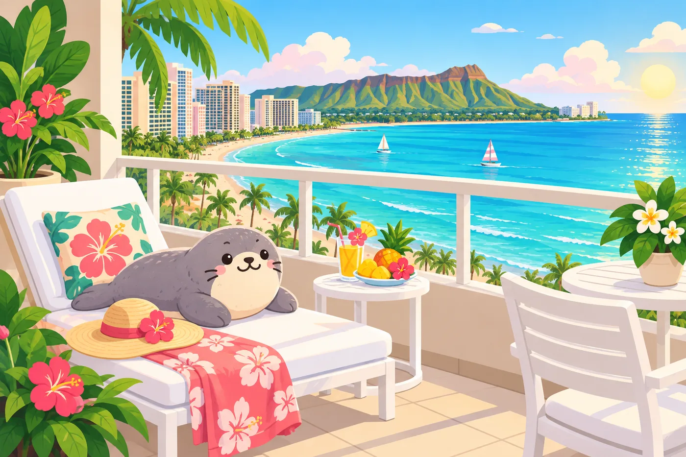 a calm oceanfront hotel room balcony in Waikiki with white furniture, a lounge chair, ocean and Diamond Head view in soft morning light, a monk seal plush toy on the chair