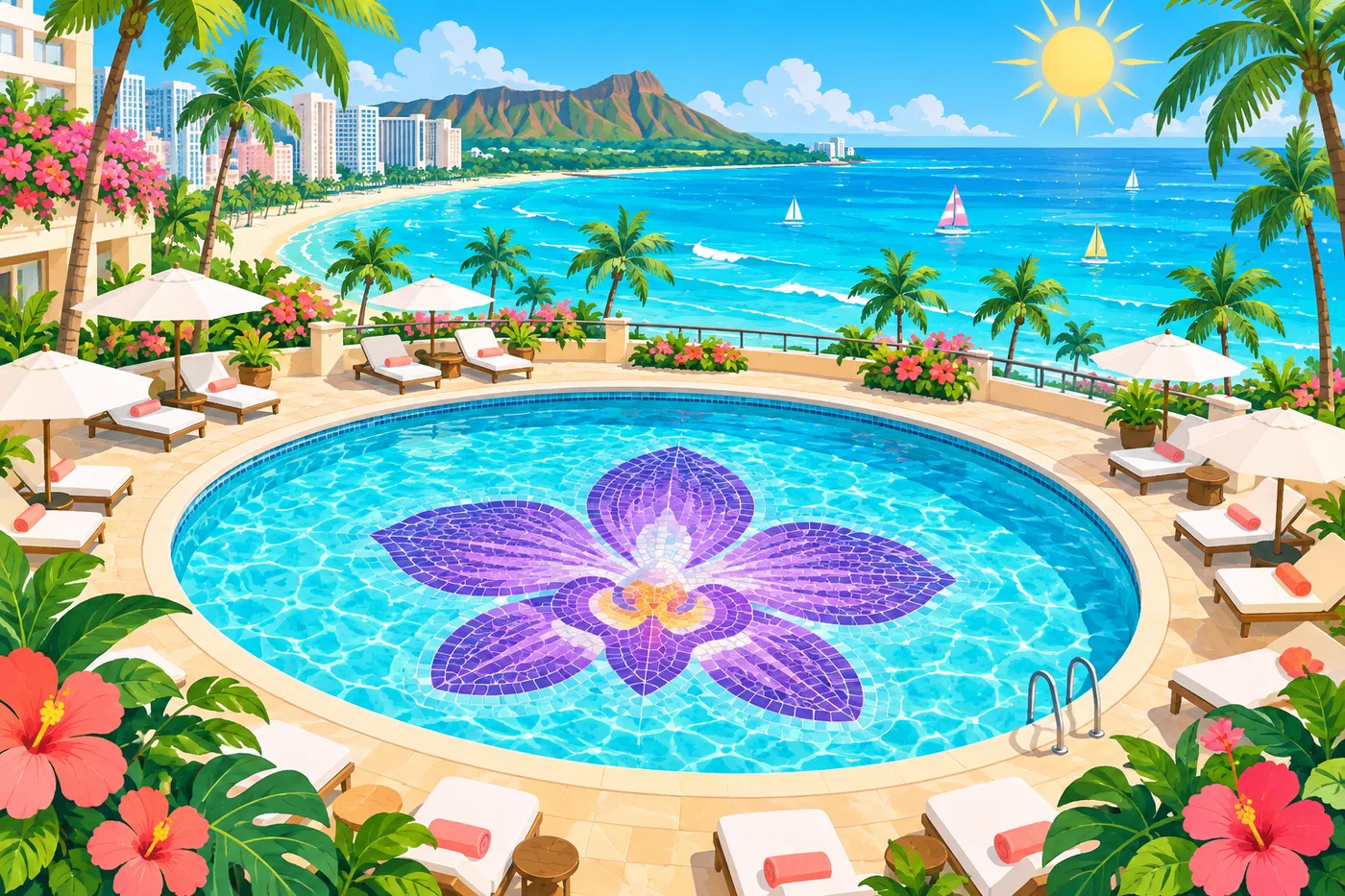 an oval swimming pool with a giant purple orchid mosaic on the bottom, white lounge chairs and umbrellas around it, blue ocean and palm trees beyond, bright sunny day in Waikiki