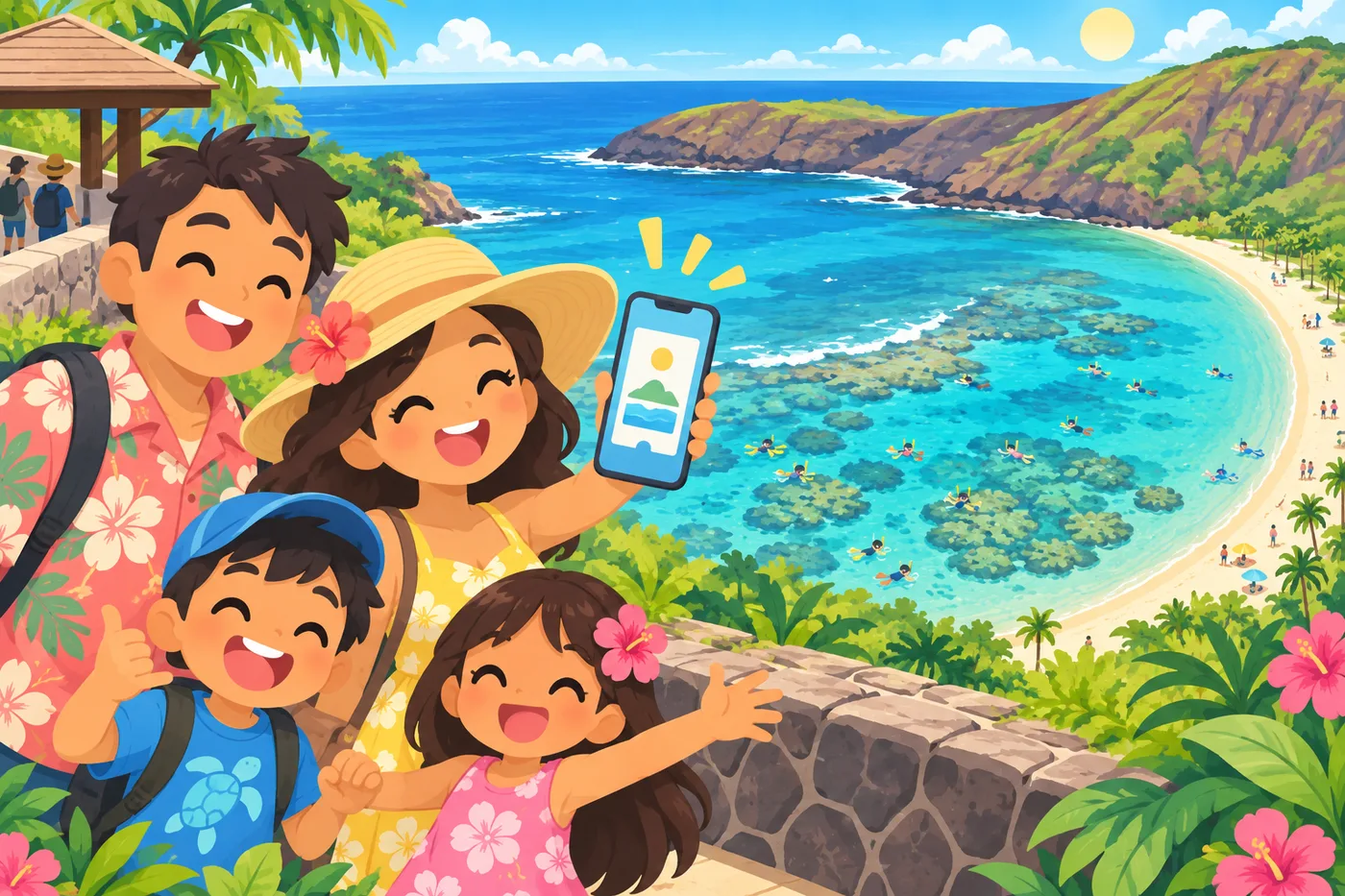 ハナウマ湾の入口でスマホの予約画面を見せる家族のイラスト