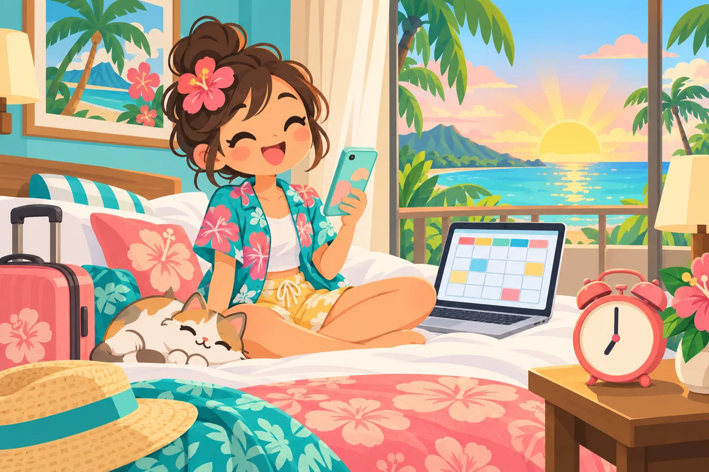 朝7時にスマホでハナウマ湾の予約を取る旅行者のイラスト