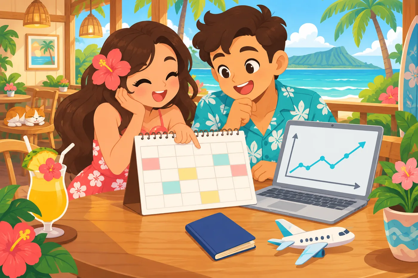 カレンダーを見ながらハワイ旅行の日程を相談するカップルのイラスト