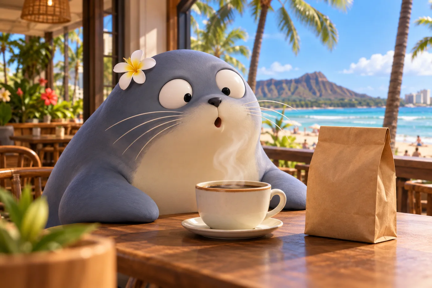 カフェでコーヒーの香りをかぐもんちゅ