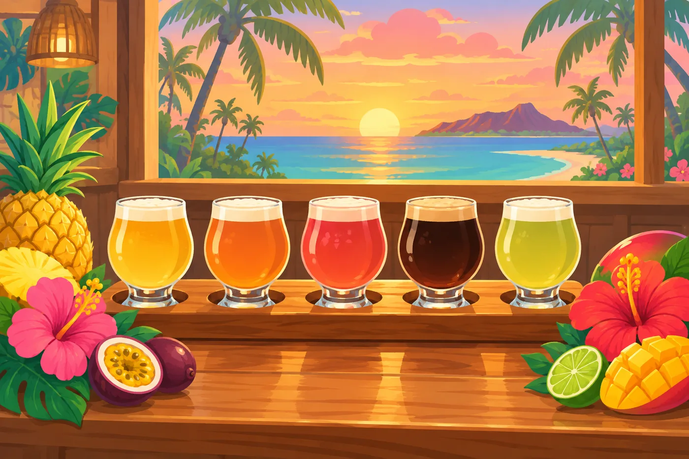 a flight of five small craft beer glasses in different colors on a wooden brewery counter, tropical fruits and hibiscus flowers beside them, warm sunset light through a window with palm trees