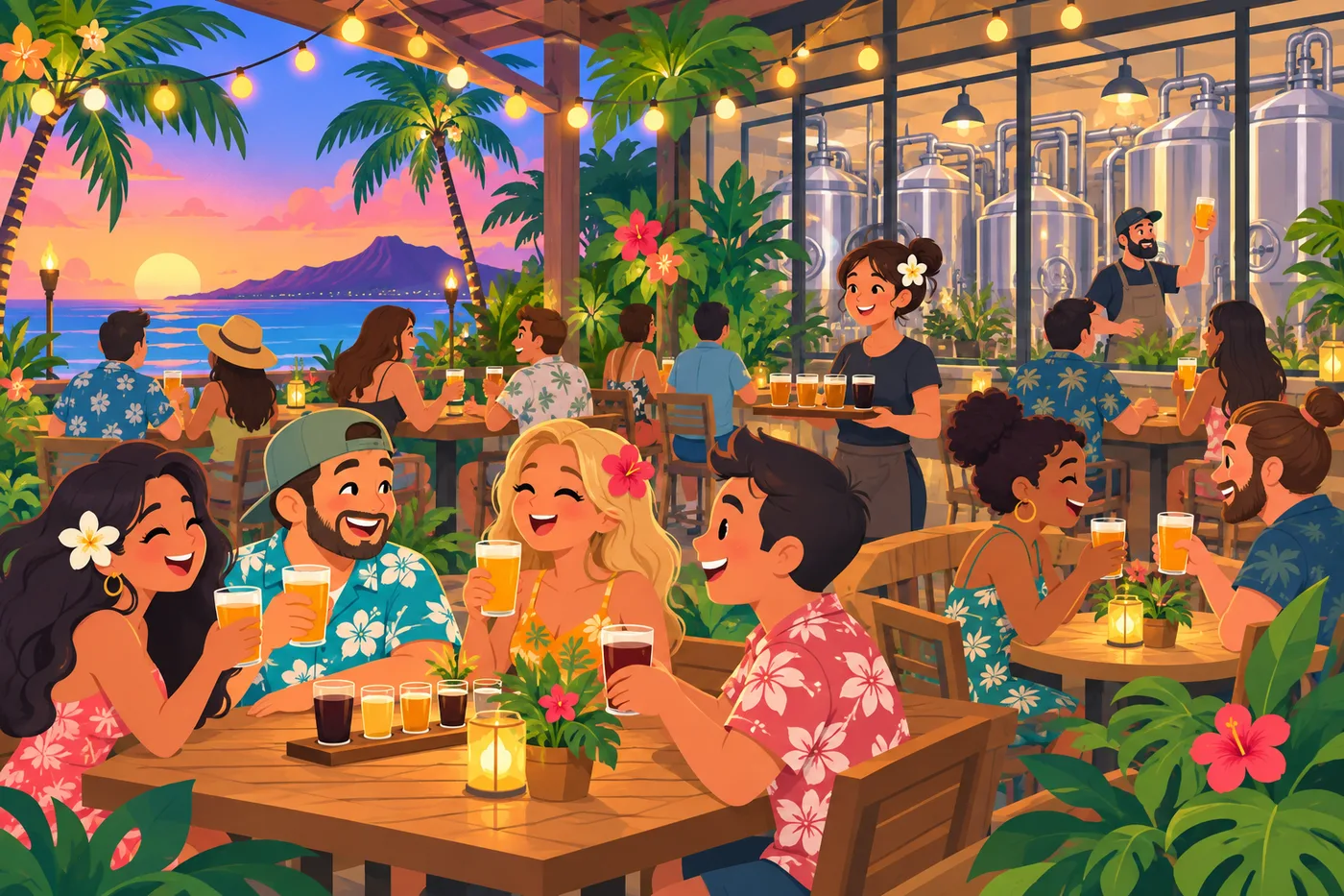 a lively open-air brewery taproom with people enjoying beer at wooden tables, shiny brewing tanks visible behind glass, string lights and tropical plants, evening atmosphere