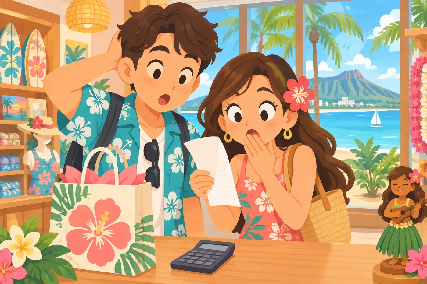 ワイキキのお店でレシートを見て税金に気づくカップルのイラスト
