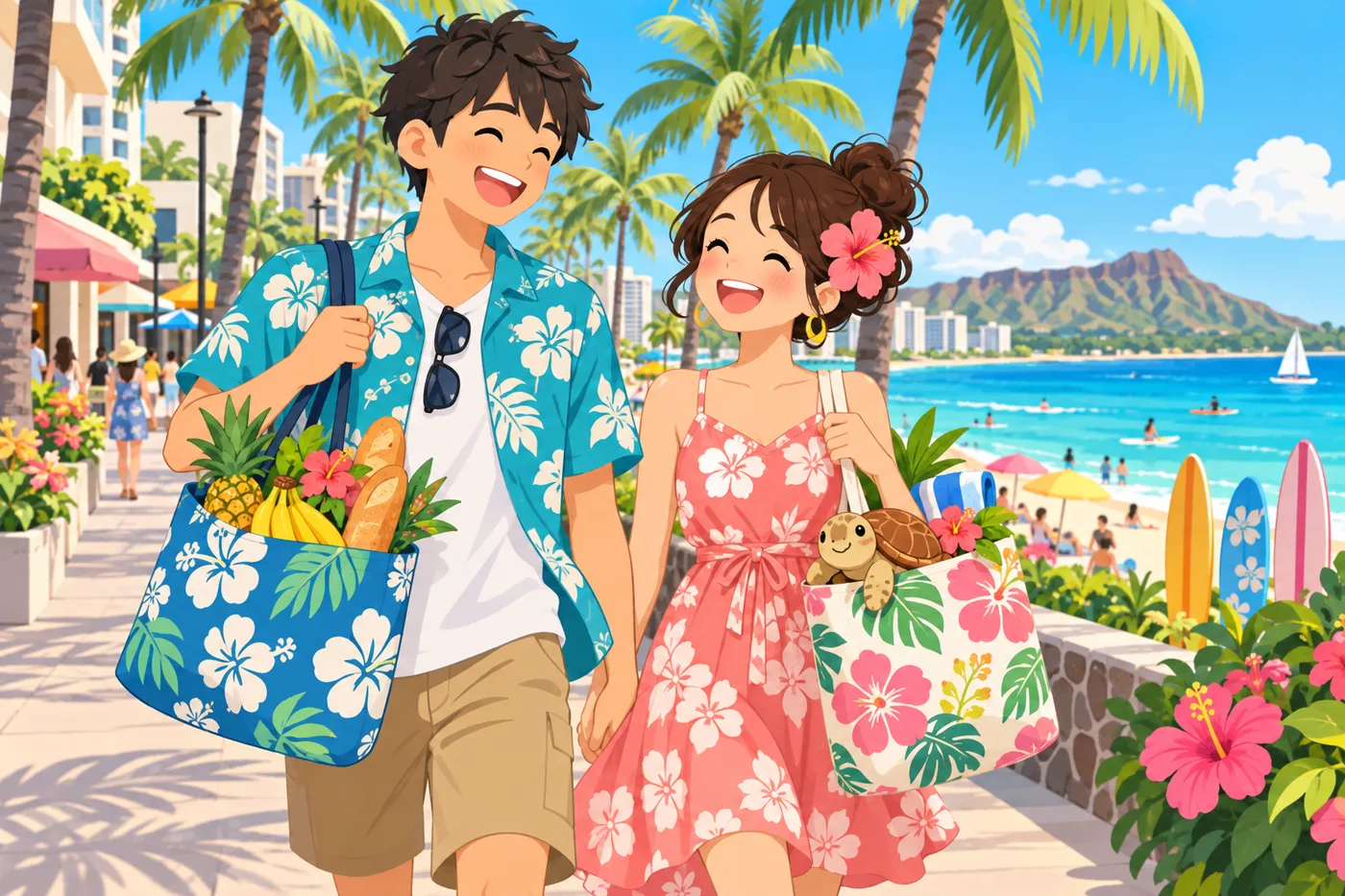ハワイ柄のエコバッグに買い物を詰めてワイキキを歩くカップルのイラスト
