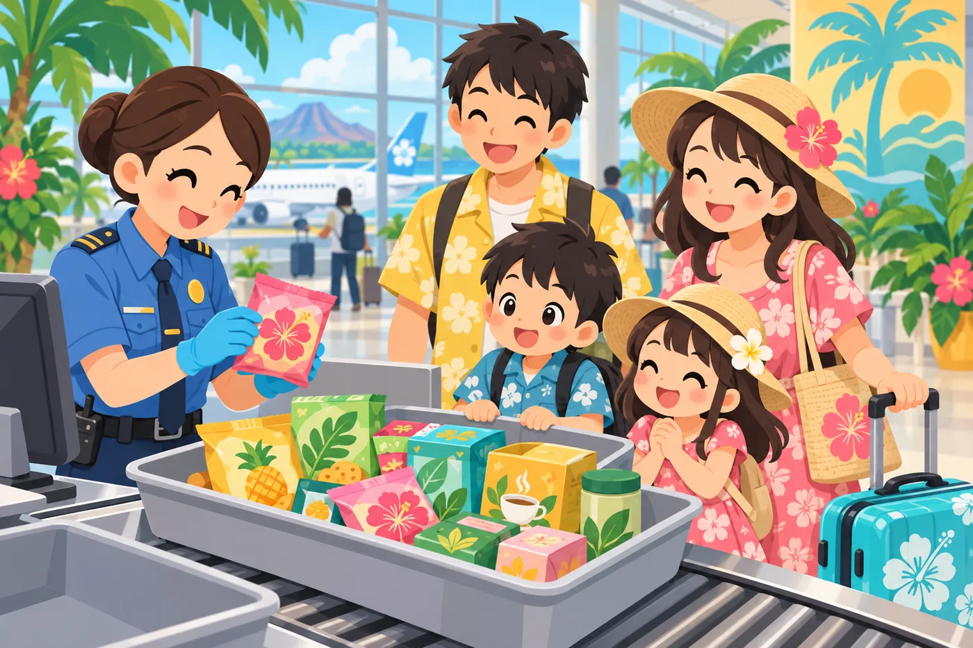 空港の税関で、家族が持ってきたお菓子やお茶を確認する検査官のイラスト