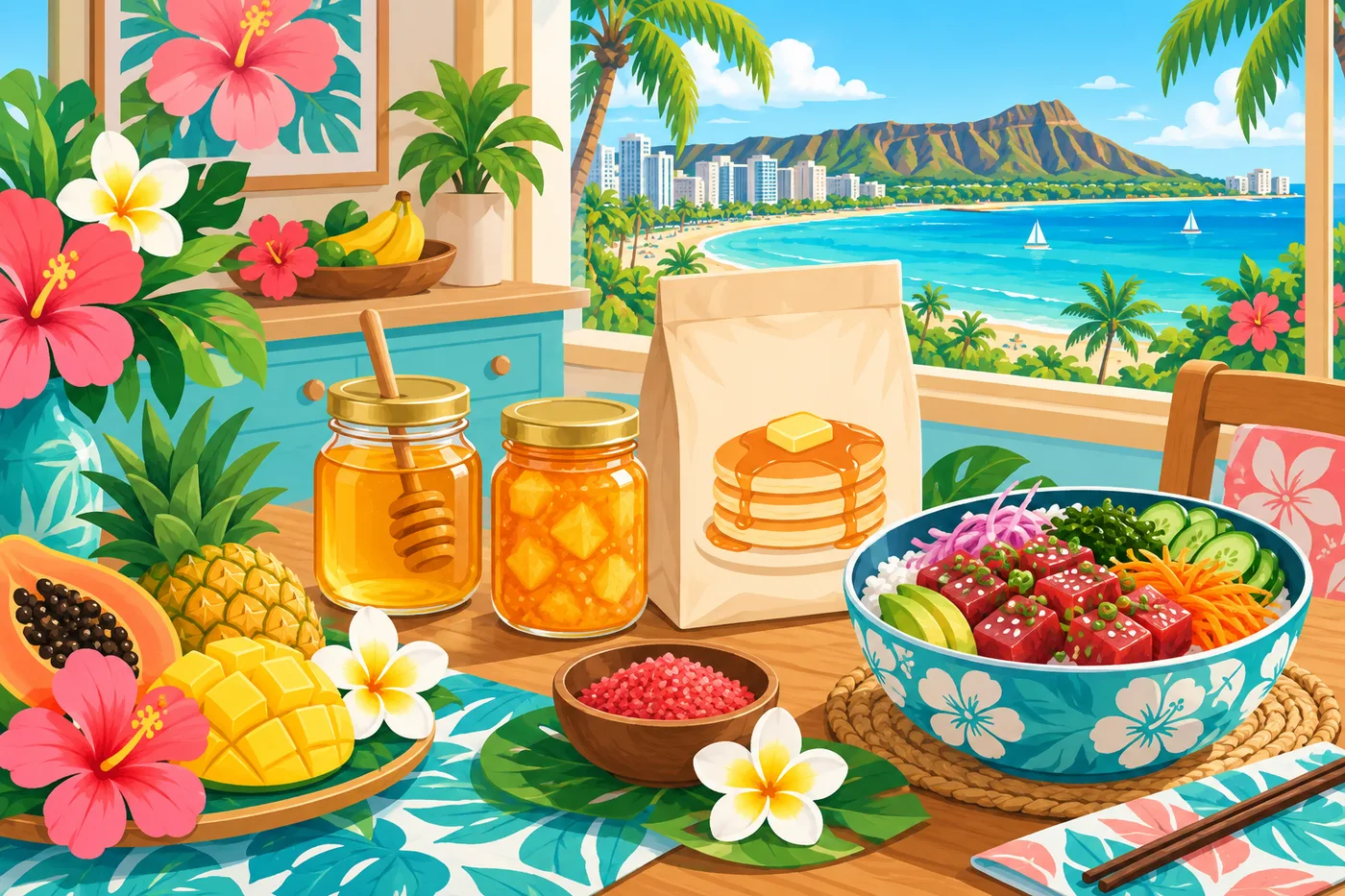a cheerful kitchen table in Hawaii with jars of honey and tropical fruit jam, a bag of pancake mix, a small bowl of red Hawaiian sea salt and a poke bowl, plumeria flowers and a window view of Diamond Head