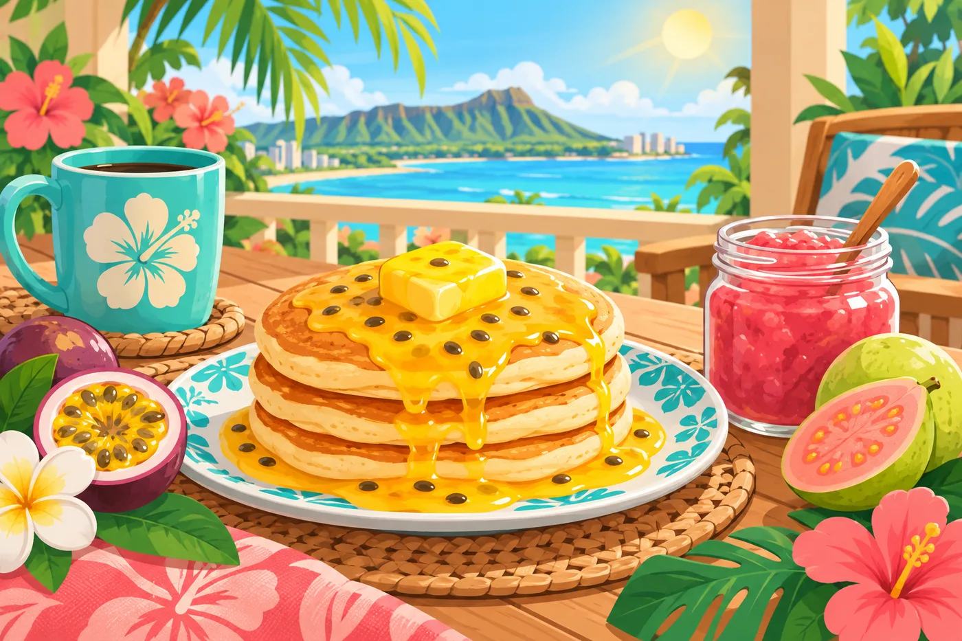 pancakes topped with bright yellow passion fruit butter and a jar of pink guava jam on a lanai table, tropical leaves and morning sunlight