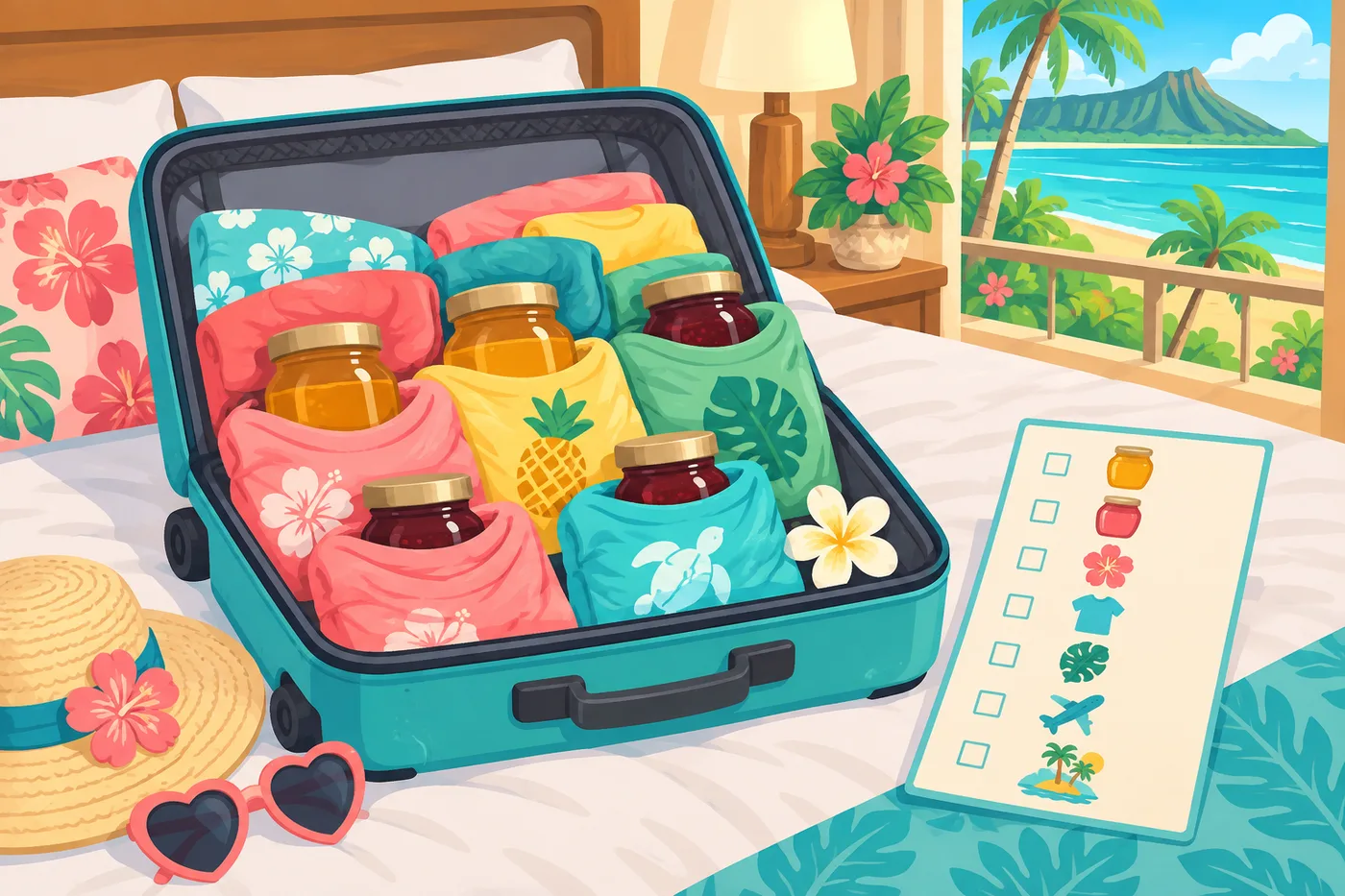 a suitcase opened on a hotel bed with honey jars and jam bottles wrapped in colorful t-shirts, a checklist and a small plumeria flower, calm pastel colors