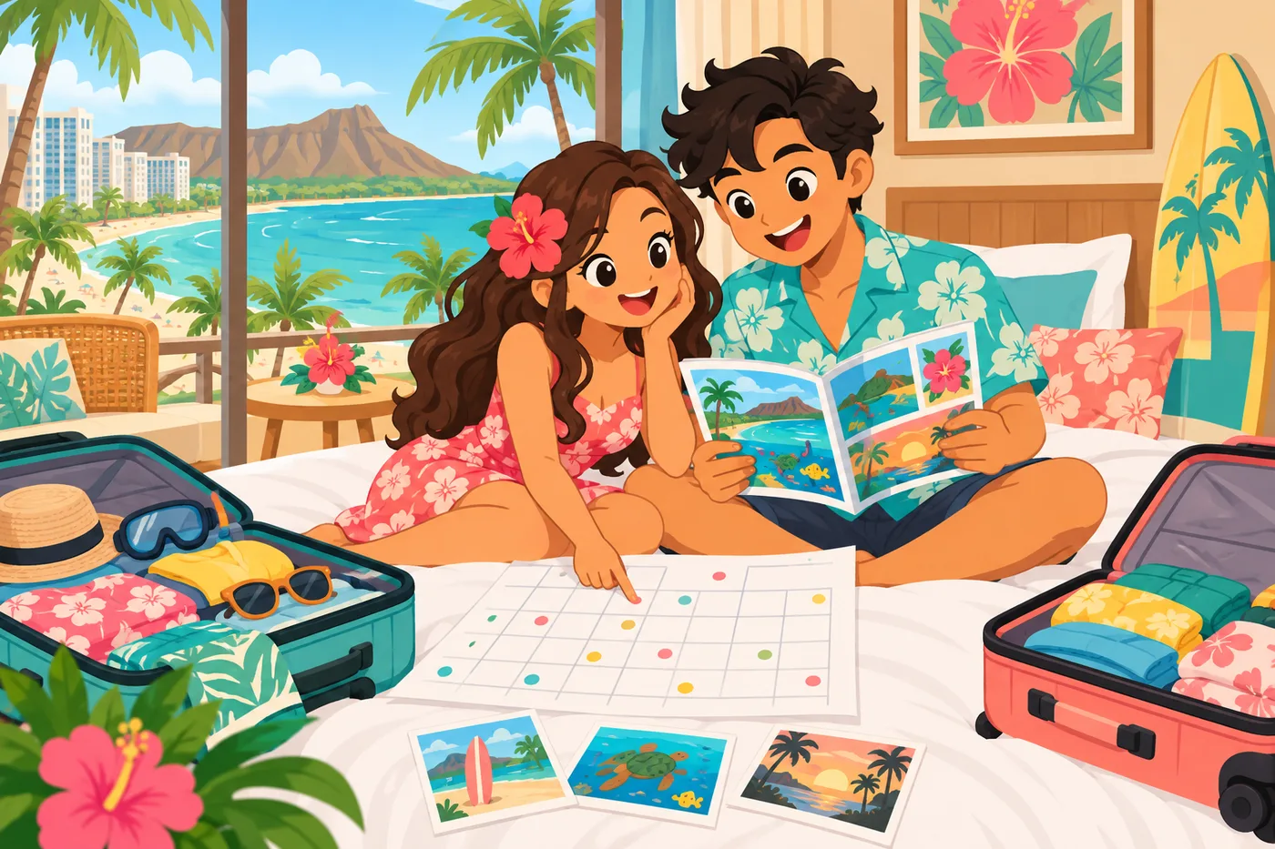 ホテルの部屋で旅の日程を相談するカップルのイラスト