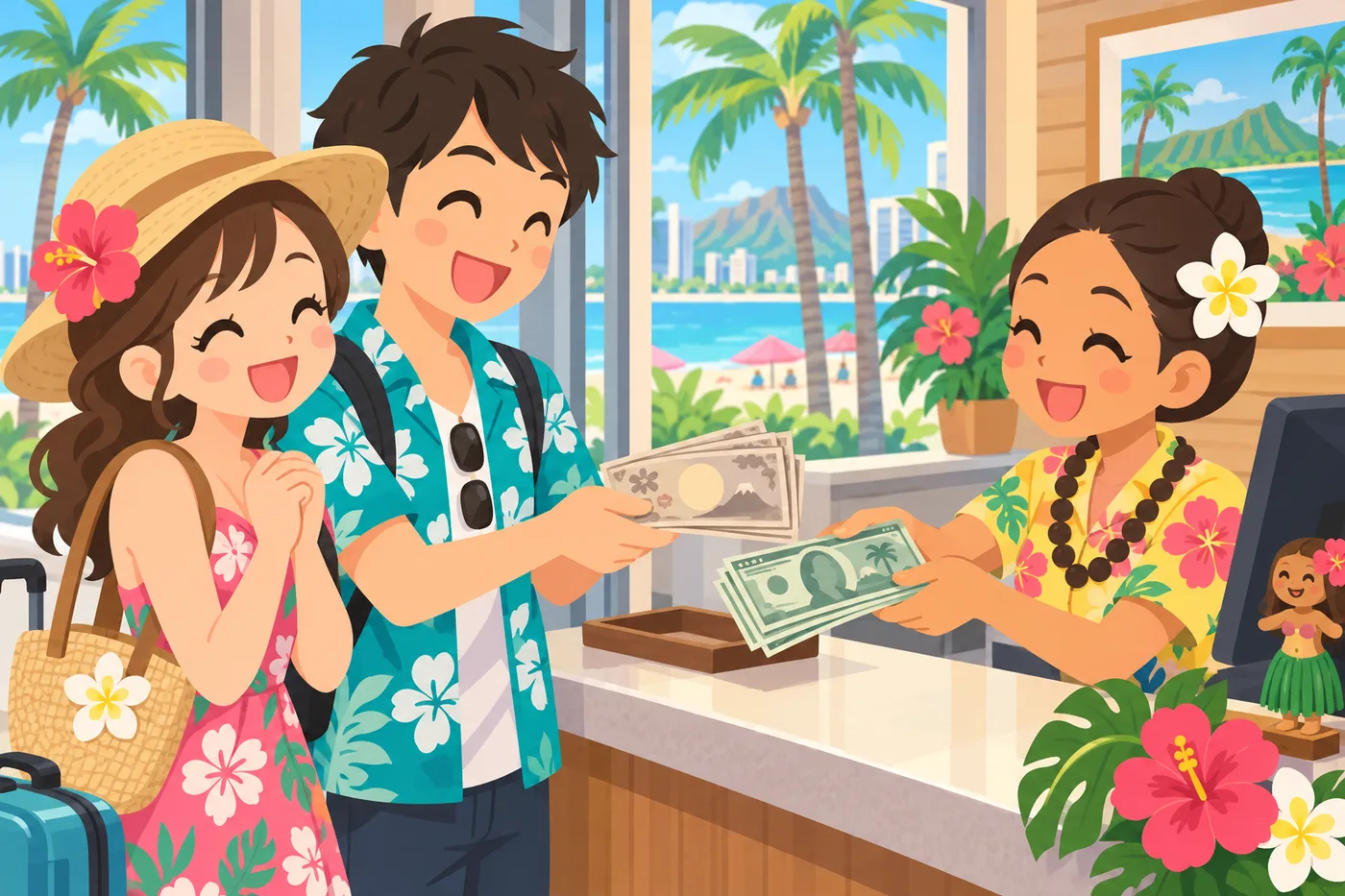 ワイキキの両替所で日本円を米ドルに替えるカップルのイラスト