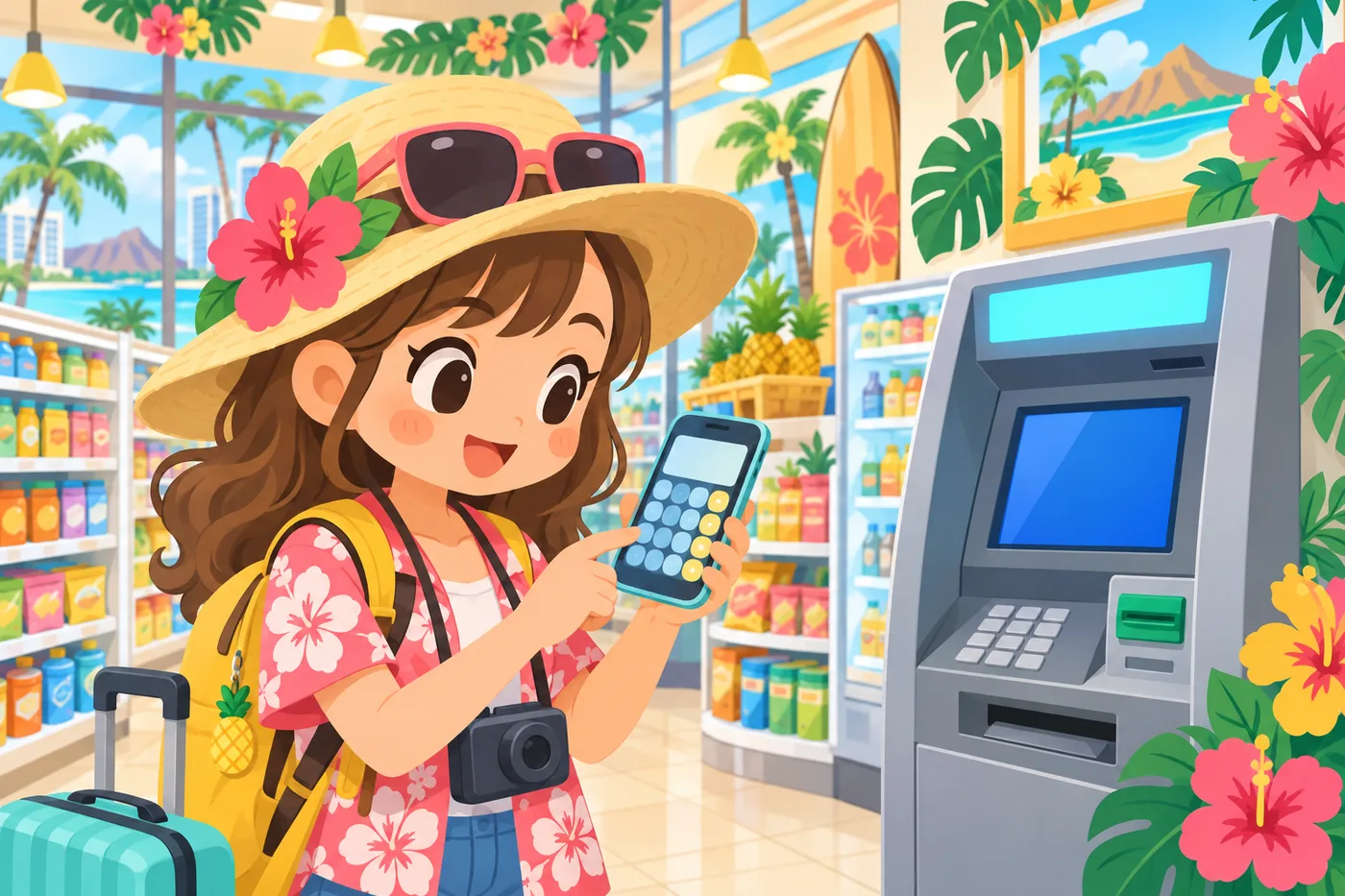 ワイキキの店内ATMの前で金額を確認する旅行者のイラスト