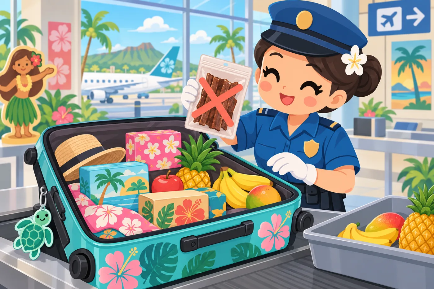 空港でお土産入りのスーツケースを検査してもらう旅行者のイラスト
