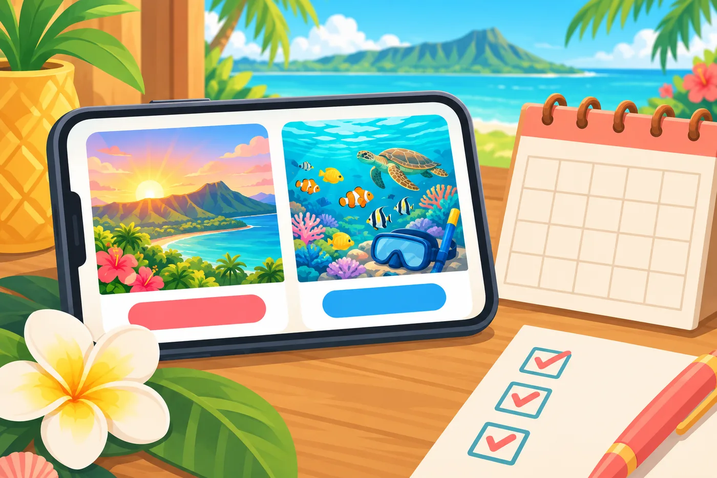 スマホで2つの予約サイトのツアーを見比べるイラスト