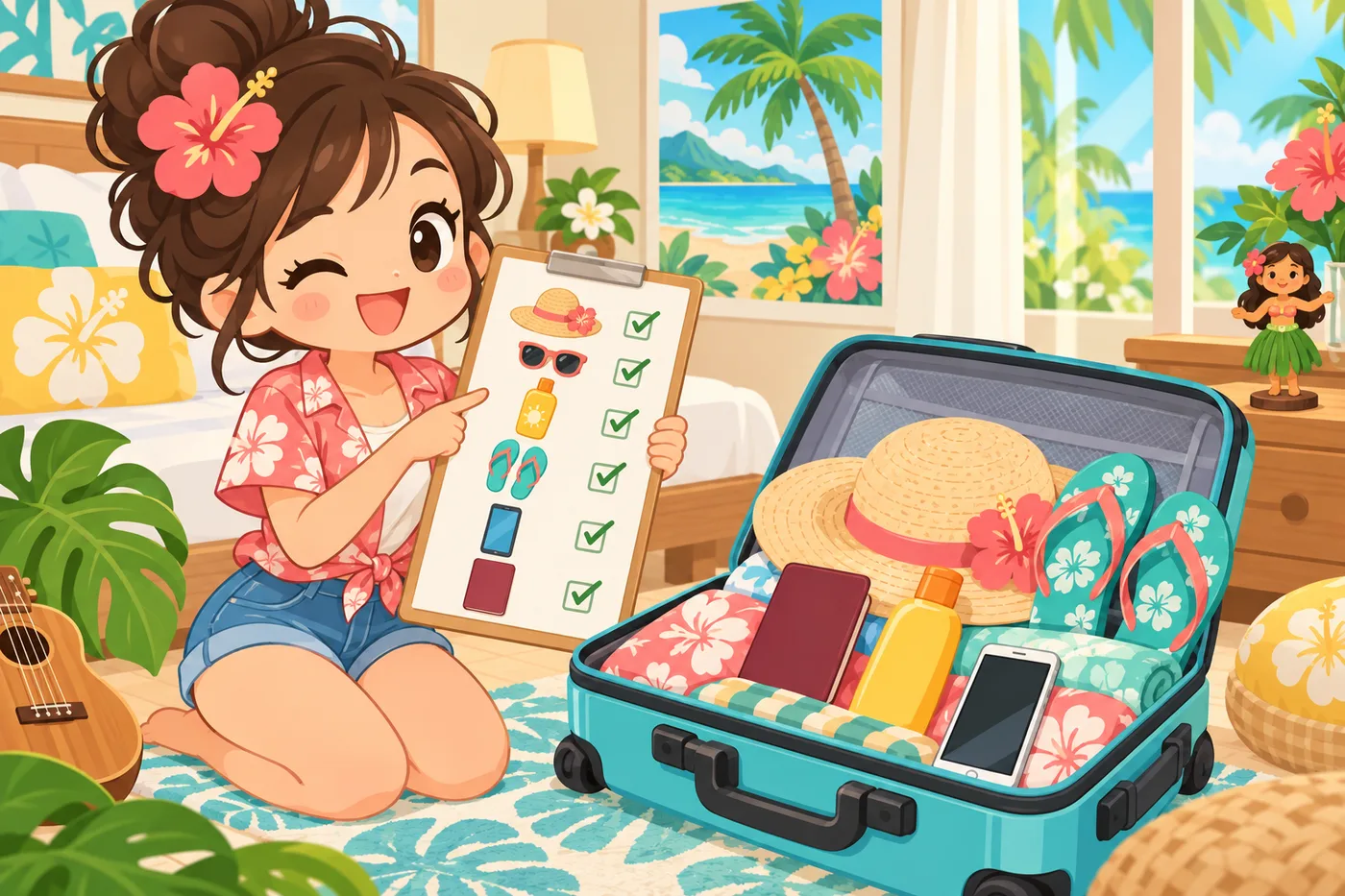 スーツケースの横で持ち物チェックリストを確認する旅行者のイラスト