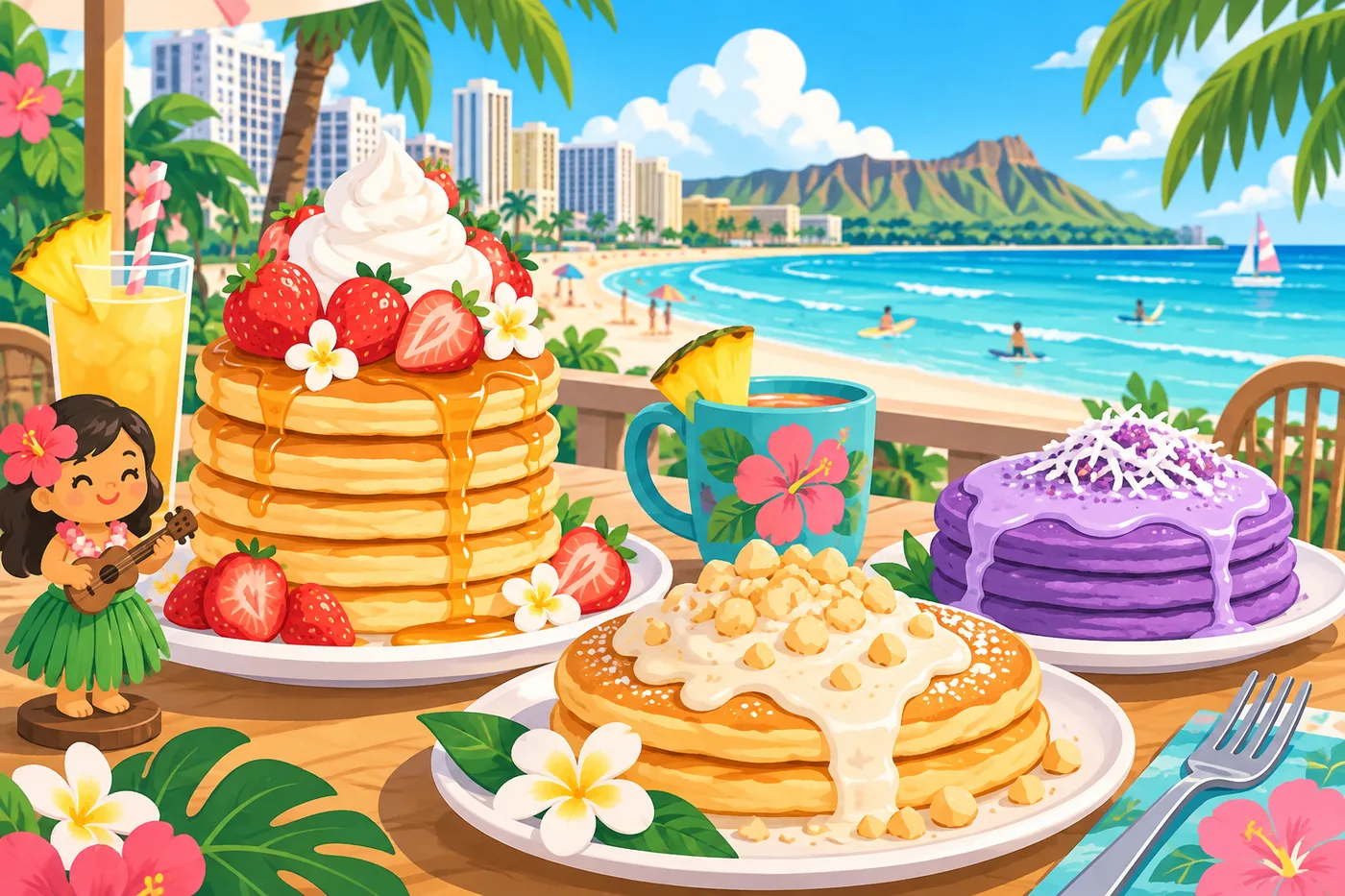 ホイップのパンケーキ、白いソースのパンケーキ、紫のパンケーキが並ぶイラスト