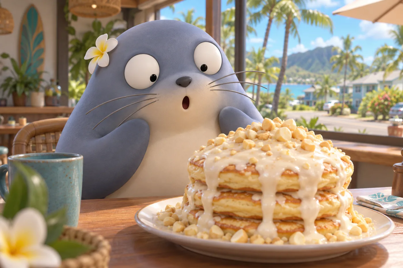 白いソースのパンケーキを見つめるもんちゅ