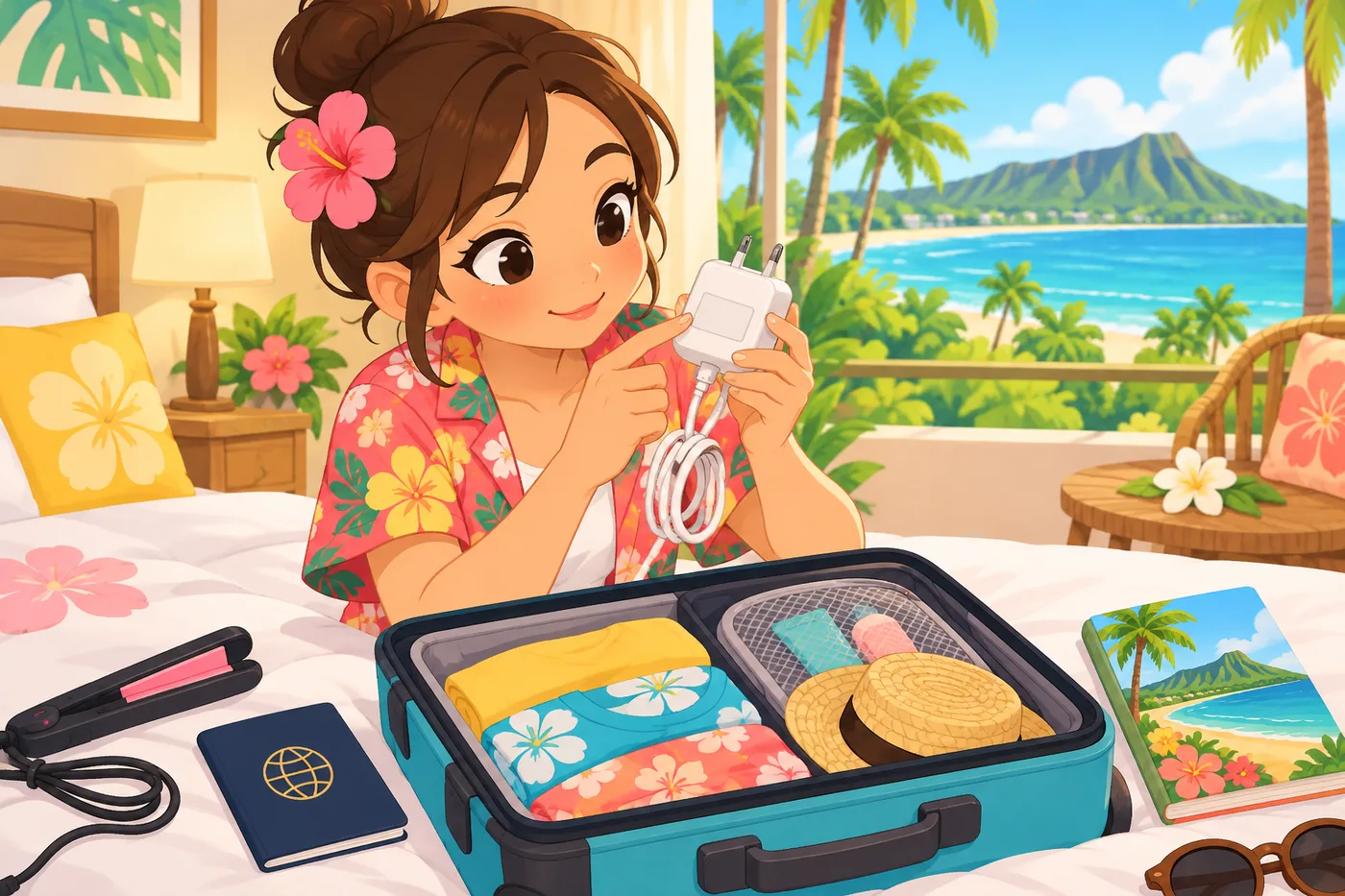 荷造りの前に充電器のラベルを確かめる旅行者のイラスト