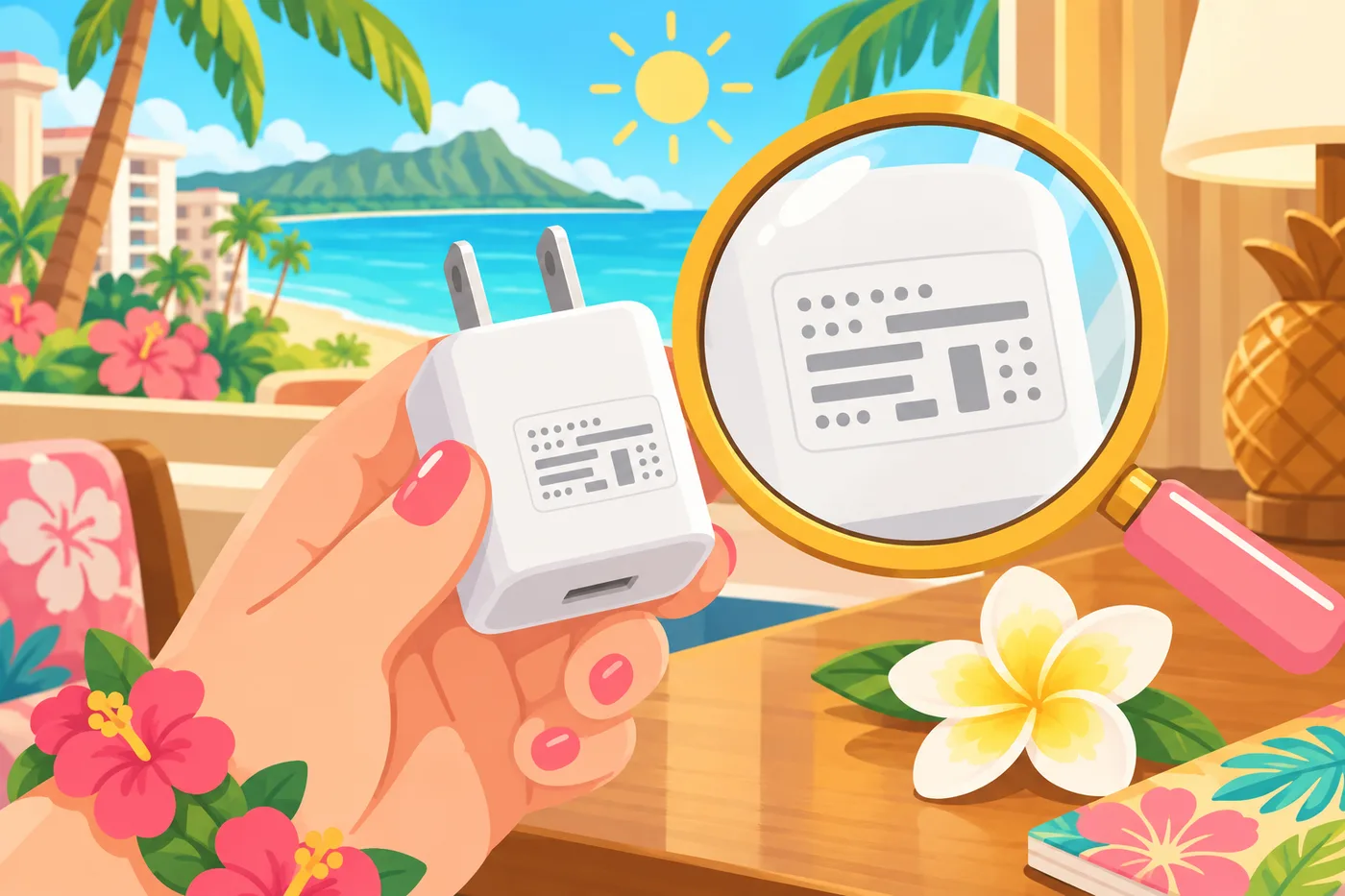 充電器の小さなラベルを虫めがねで確かめるイラスト