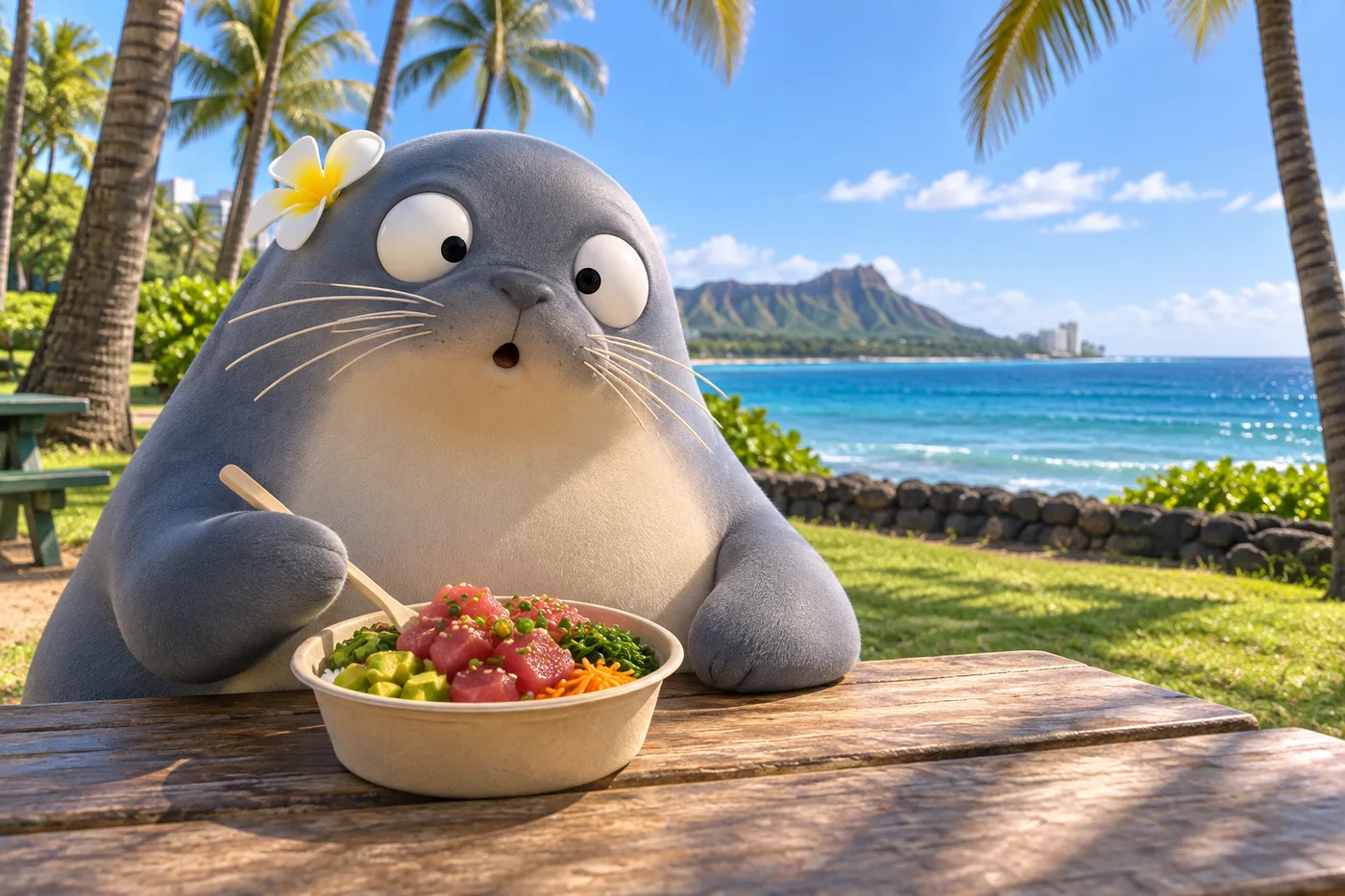 公園のピクニックテーブルでポケ丼を前にするもんちゅ