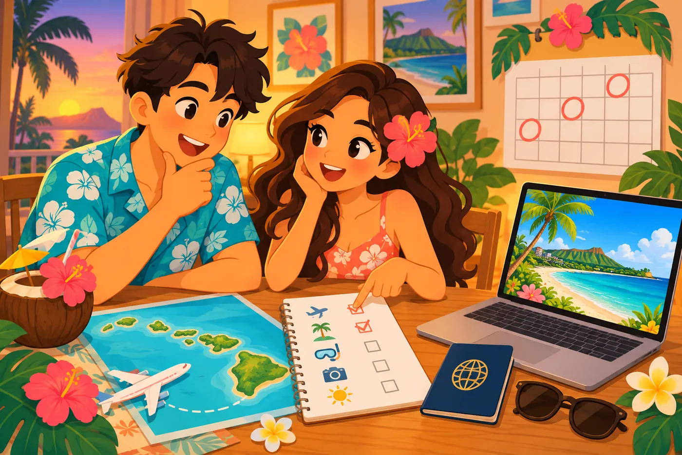 自宅でカレンダーを見ながらハワイ旅行の準備をするカップルのイラスト