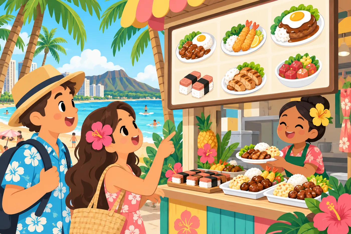 ワイキキのテイクアウト店でメニューを見る旅行者のイラスト