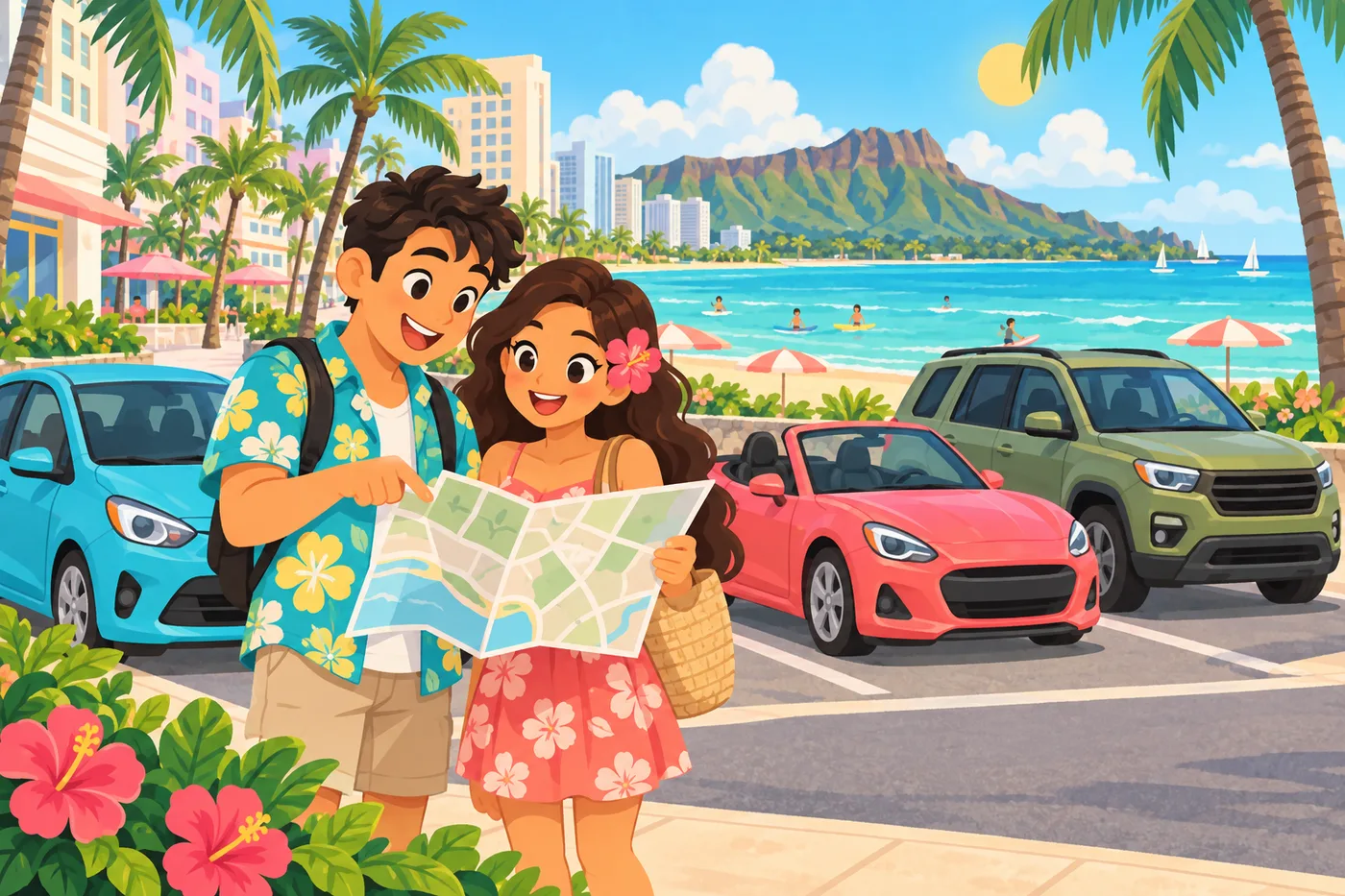 ワイキキの街角でレンタカーの選択肢を比べるカップルのイラスト