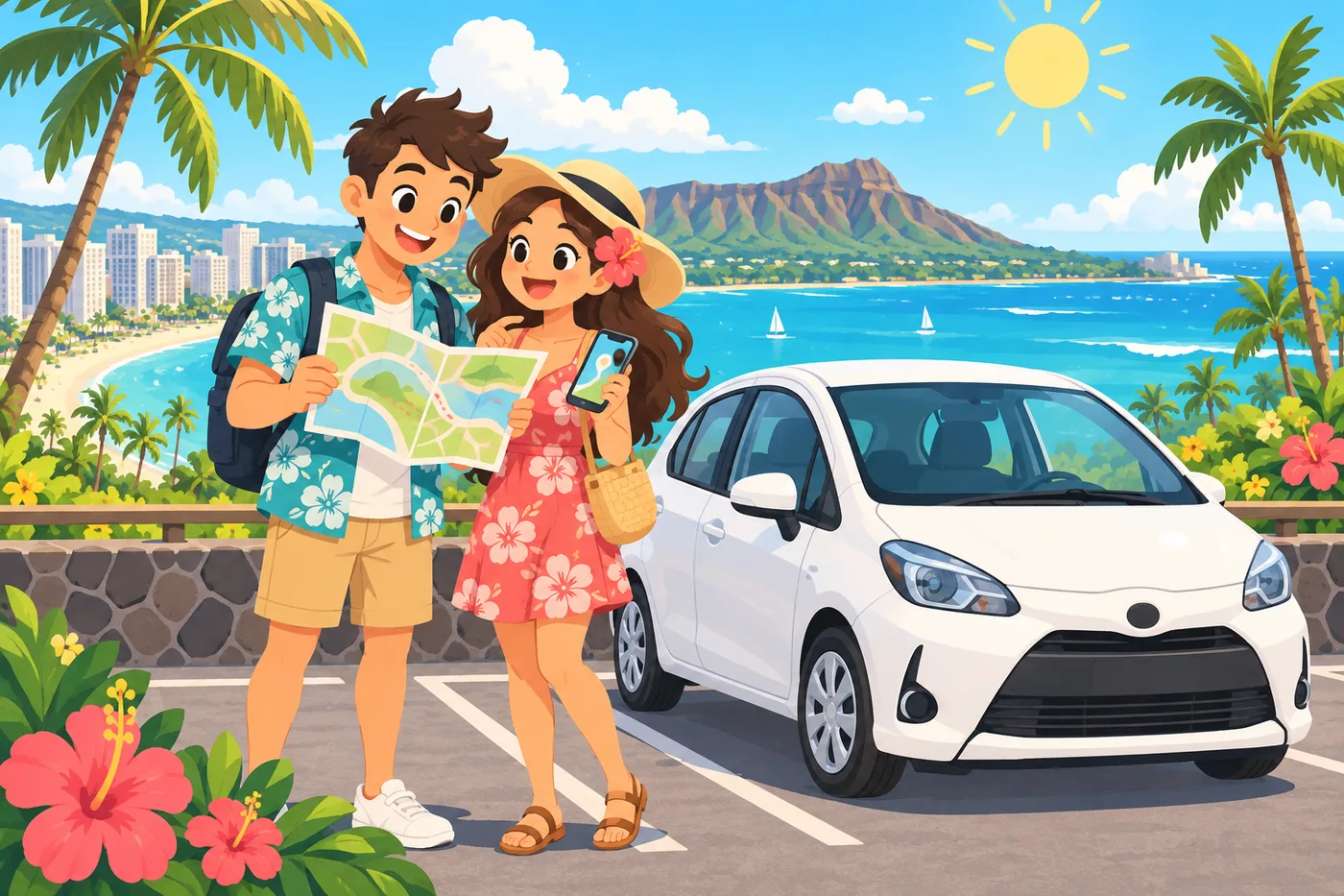 a happy couple standing next to a small white rental car in a sunny parking area with palm trees and Diamond Head in the background, holding a map and a smartphone