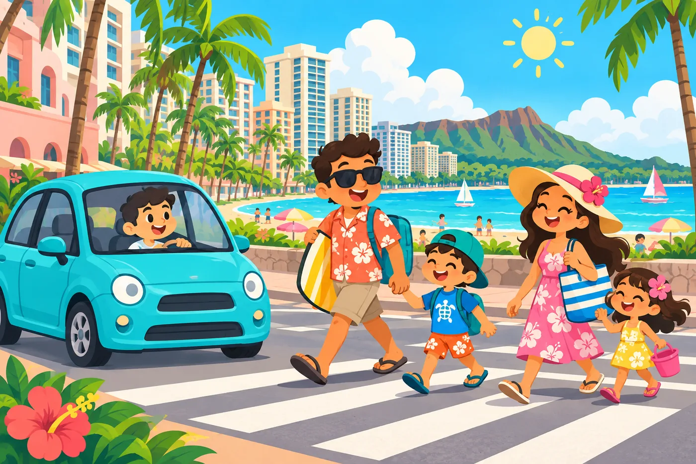 a small rental car stopped at a crosswalk in Waikiki while a family with beach bags crosses the street, palm trees and hotels in the background