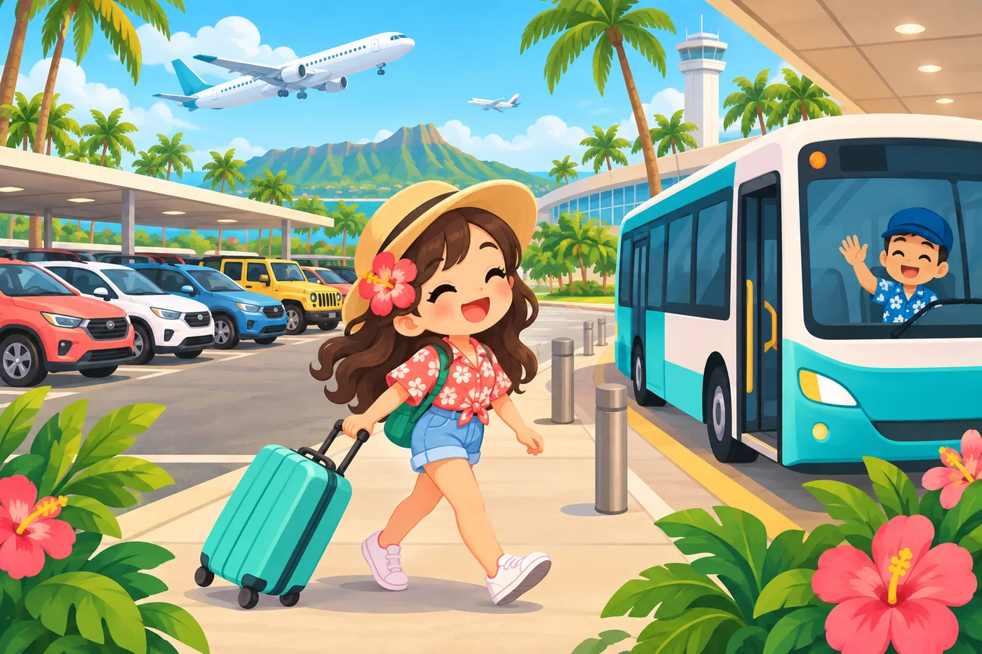 a traveler with a suitcase walking from a rental car return area to a shuttle bus at Honolulu airport, planes in the sky and palm trees around