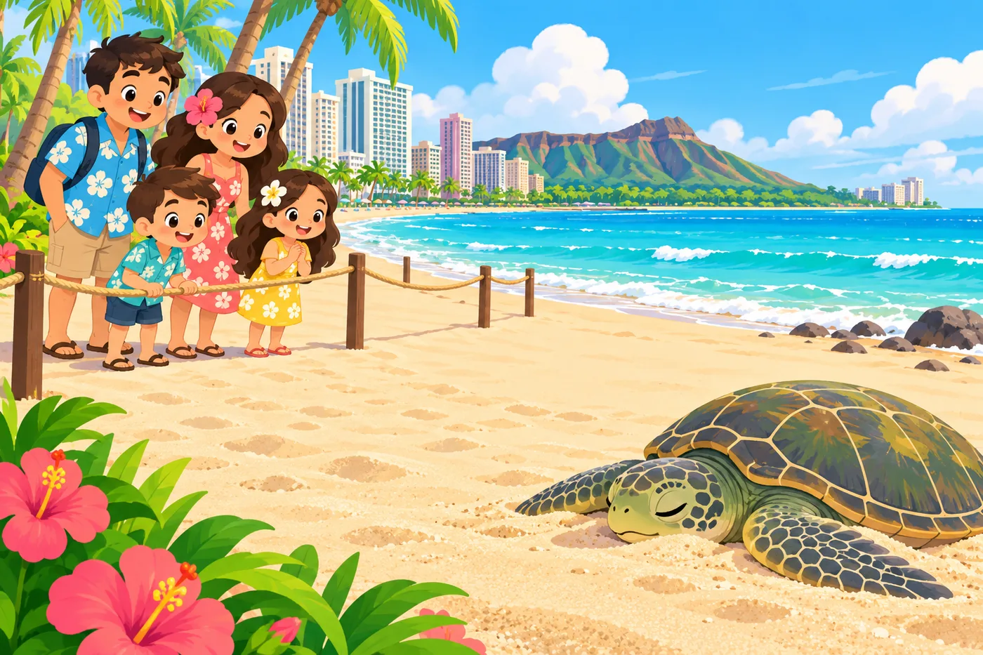 砂浜で休むウミガメを離れた場所から見守る家族のイラスト